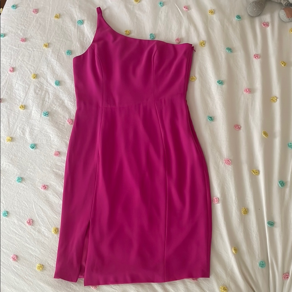 DRESS THE POPULATION Magenta One-Shoulder Sheath midi Dress, sz L